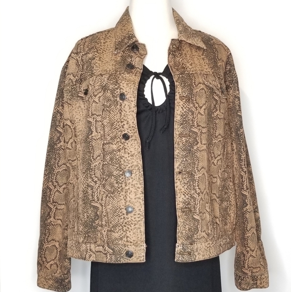 New Free People Brown Snake Skin Print XS Cotton Boho Neutral Y2K Trucker Jacket - Picture 3 of 12